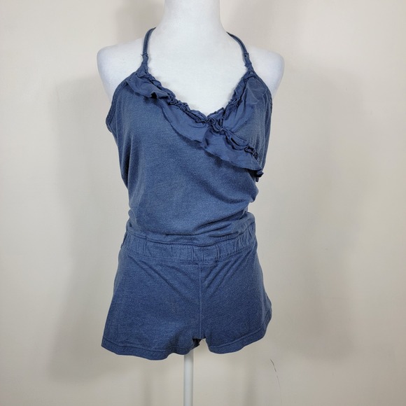 Y2K Abercrombie Fitch Blue Romper Halter L Short Strappy Streetwear Casual - Picture 1 of 14